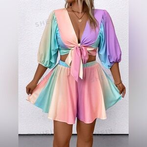 Plus Size Women's Color Block Lantern Sleeve Tie Front Crop Top & Shorts Set